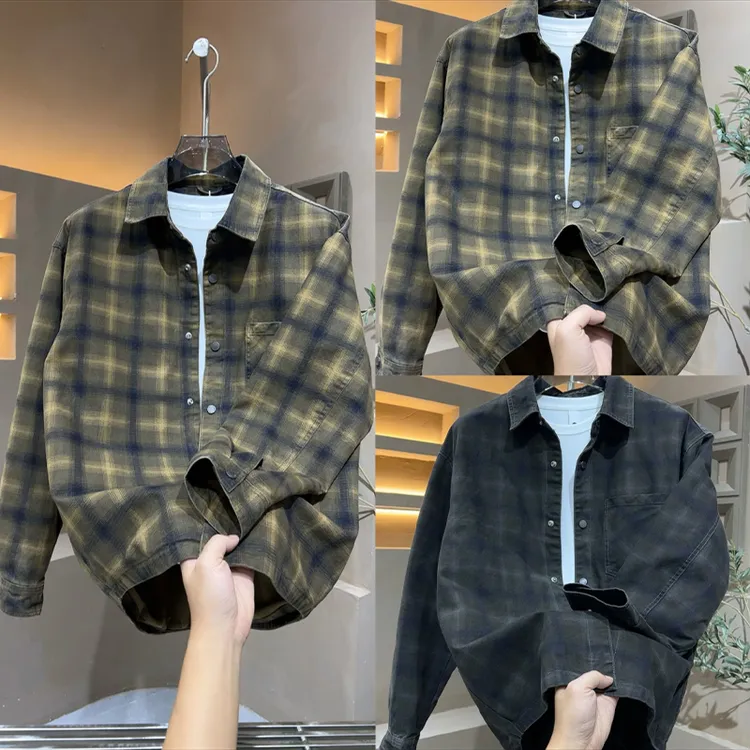 2025秋季新款潮流翻领格衬衣外套情侣款休闲复古长袖牛仔夹克上衣