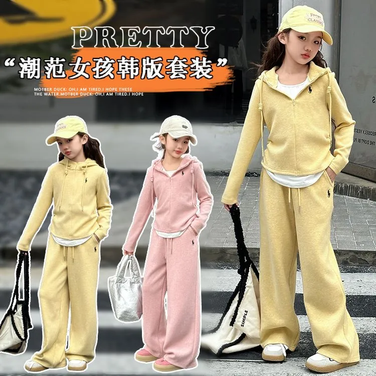 【现货】女童春秋套装2025新款中大儿童假两件洋气休闲运动两件套
