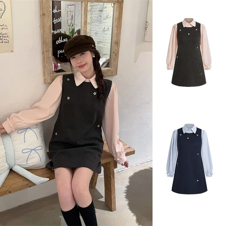 耶鲁甜心法式重工花朵立体装饰无袖连衣裙+韩系娃娃领衬衫A#8165