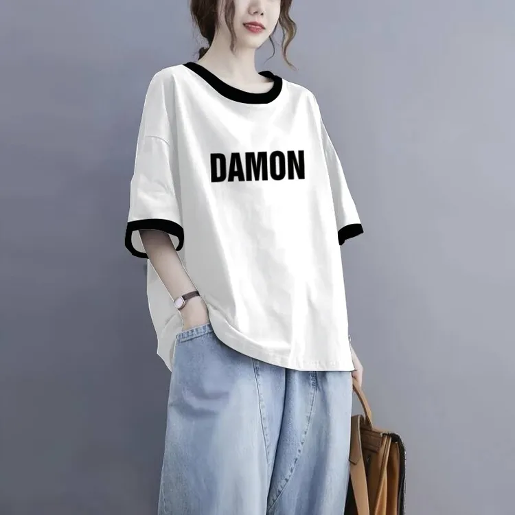 纯棉短袖t恤女士宽松显瘦夏季新款大码休闲减龄上衣胖mm时尚体恤