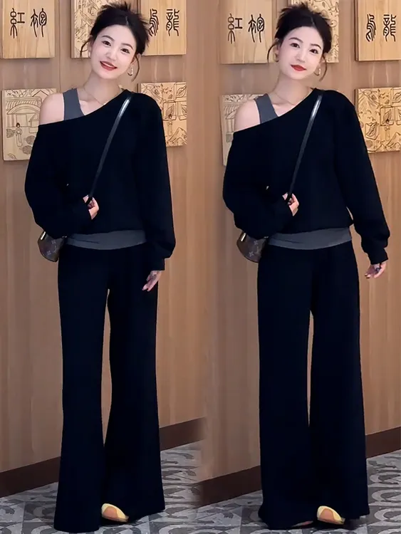 休闲运动套装女2025秋季新款时髦洋气斜肩假两件卫衣阔腿裤两件套