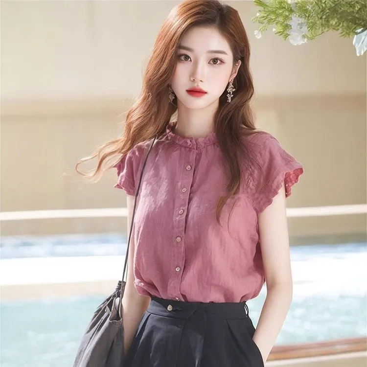 木耳边立领小飞袖衬衫女设计感小众夏季独特别致漂亮小衫上衣