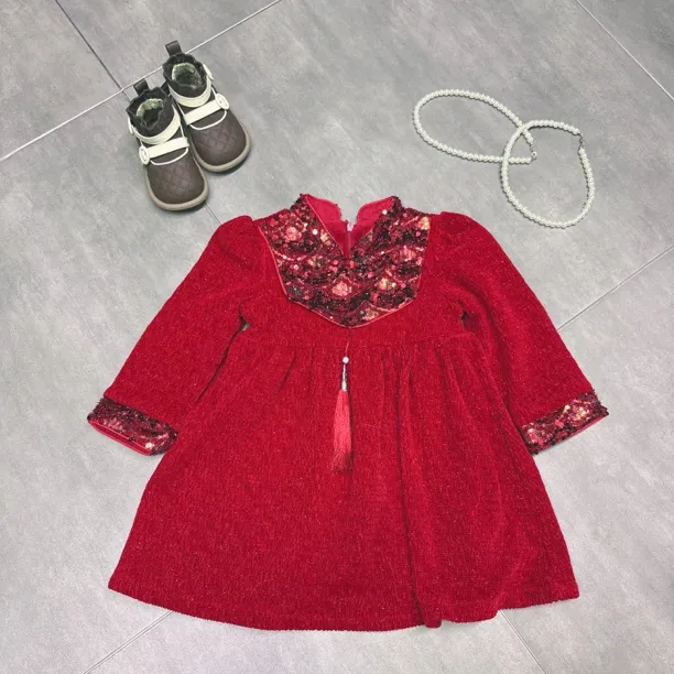 女童春秋冬季加绒红色公主裙拜年服