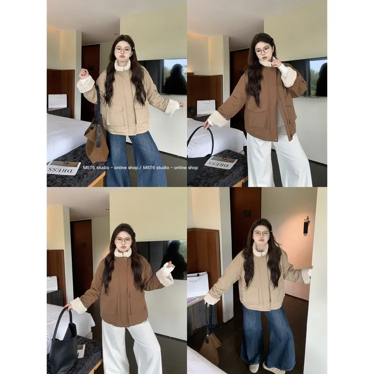 M5T6微胖 走进舒适区~/复古日系毛绒立领宽松秋冬保暖派克服