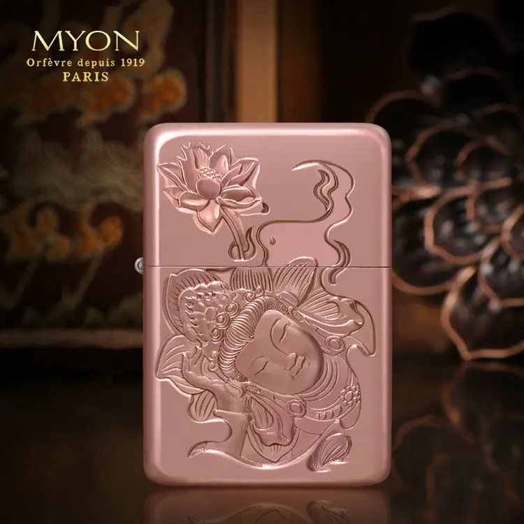 正品MYON勉牌新款M901观音睡莲紫铜双面浮雕一机一码煤油打火机