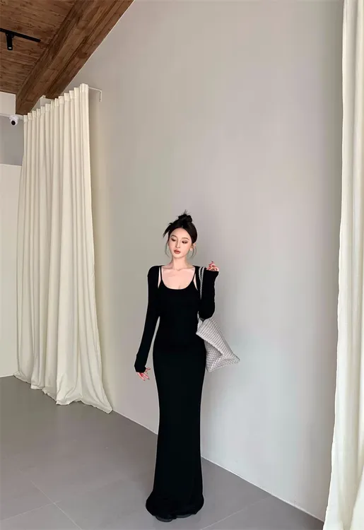 卡戴珊 欧美高级显身材拖地两件套装裙#8222