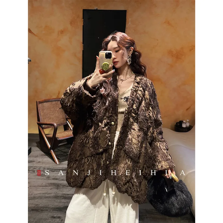 三吉黑花【花青羽】冬季禅意大羽绒服色织提花肌理女款2025新款