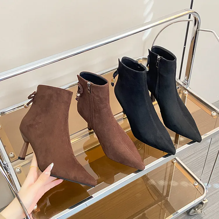 尖头女高跟绒面时尚裸靴女2025冬季新款加绒细跟气质弹力瘦瘦靴子