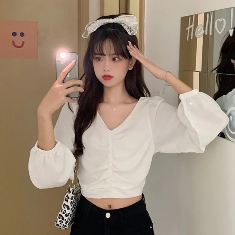 雪纺显瘦韩版设计感雪纺复古纯色V领长袖衬衫辣妹新款收腰短款