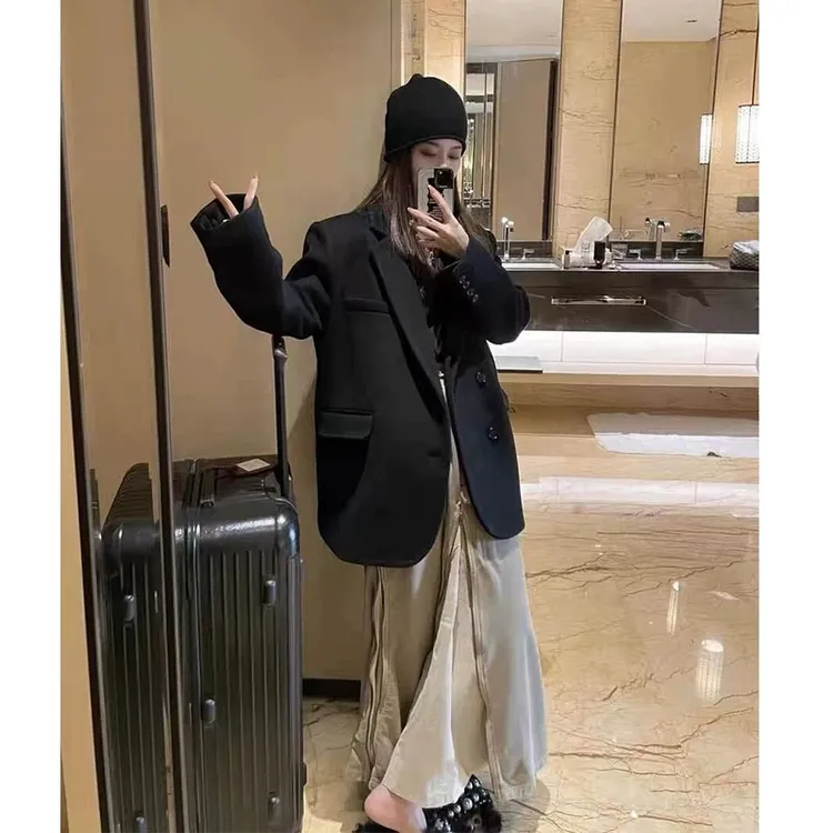 高级感双面毛呢黑色羊毛西装外套女加厚2024冬季廓形长袖休闲西服