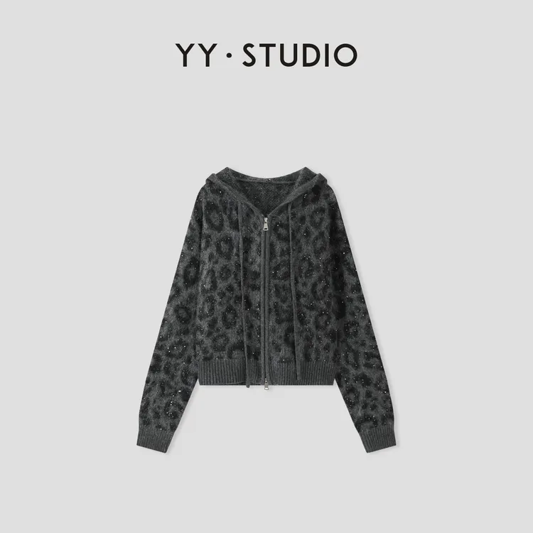 【YY·studio】秋冬提花豹纹细闪拉链外套毛衣长袖针织衫YY-9108
