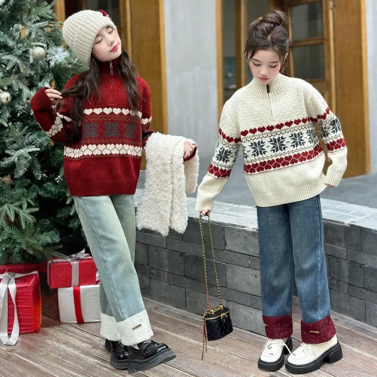 女童慵懒风春秋高领毛衣2025新款秋季穿搭高级感半拉链休闲上衣女