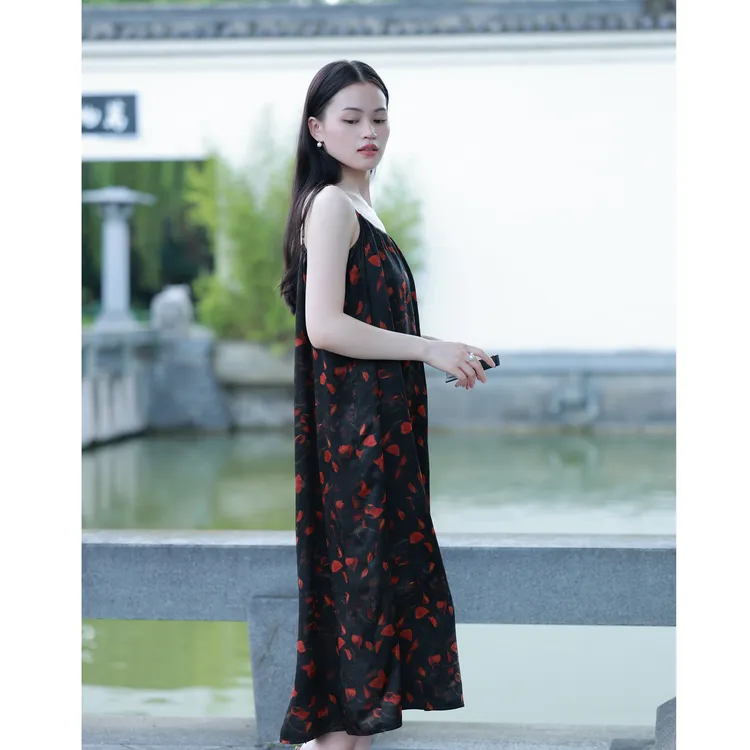 【羿尘】宽松显瘦桑蚕丝香云纱花罗吊带提花A字裙新中式长裙连衣裙