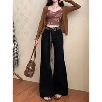 黑色高级不贴腿微喇牛仔裤女2025早秋新款高腰宽松弹力显瘦拖地裤