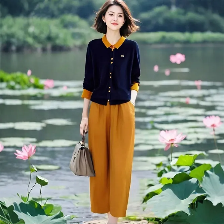 超好看搭配针织衫撞色翻领上衣外套套装2025春秋长袖阔腿裤两件套