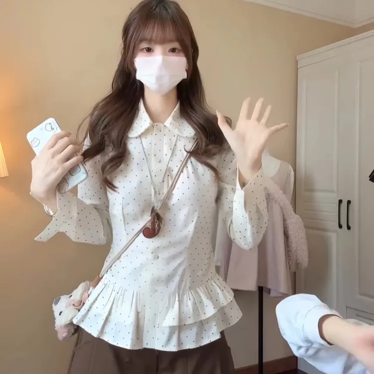 甜美学院风波点娃娃领衬衫阔腿裤秋季新款时尚显瘦穿搭