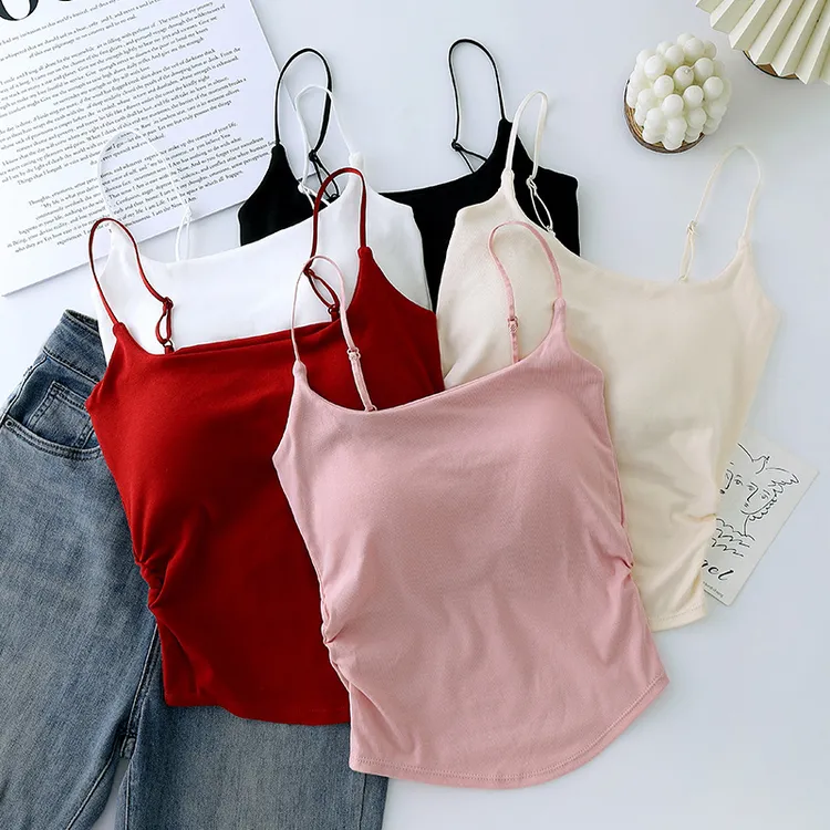 新款夏季纯欲设计感褶皱吊带背心女带胸垫内搭外穿修身美背上衣