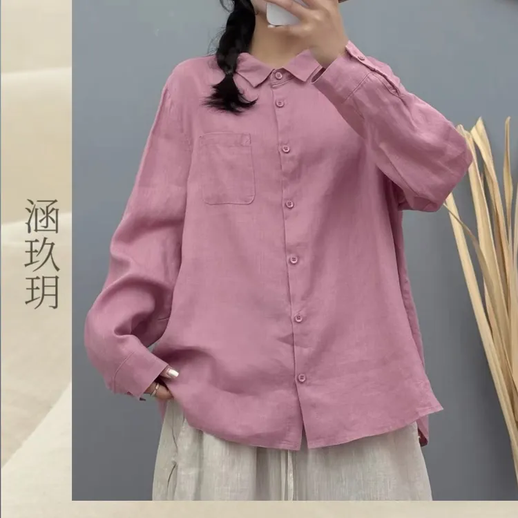 涵玖玥▪100%黄金纱雨露麻【口袋翻领】轻薄长袖衬衫上衣梵-82551