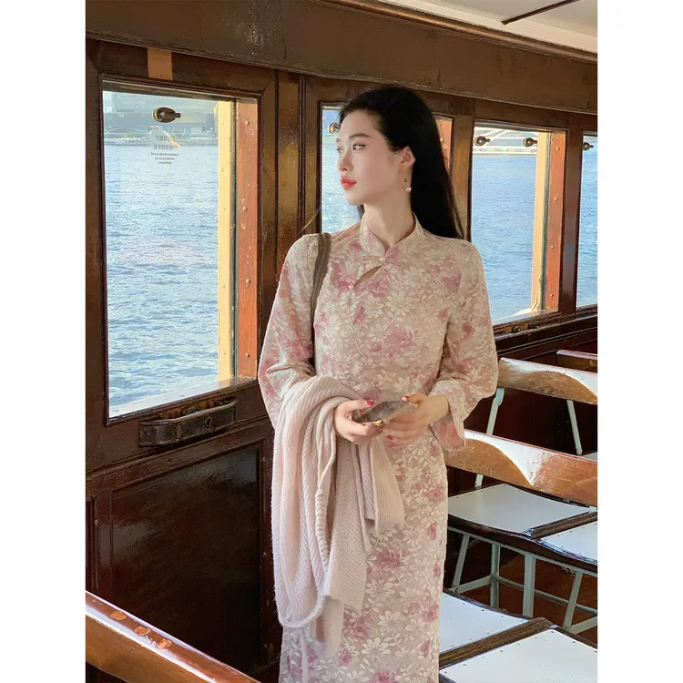 凌茜恣禾【粉烟梦】国风新中式花金丝蕾丝连衣裙复古长袖改良旗袍裙