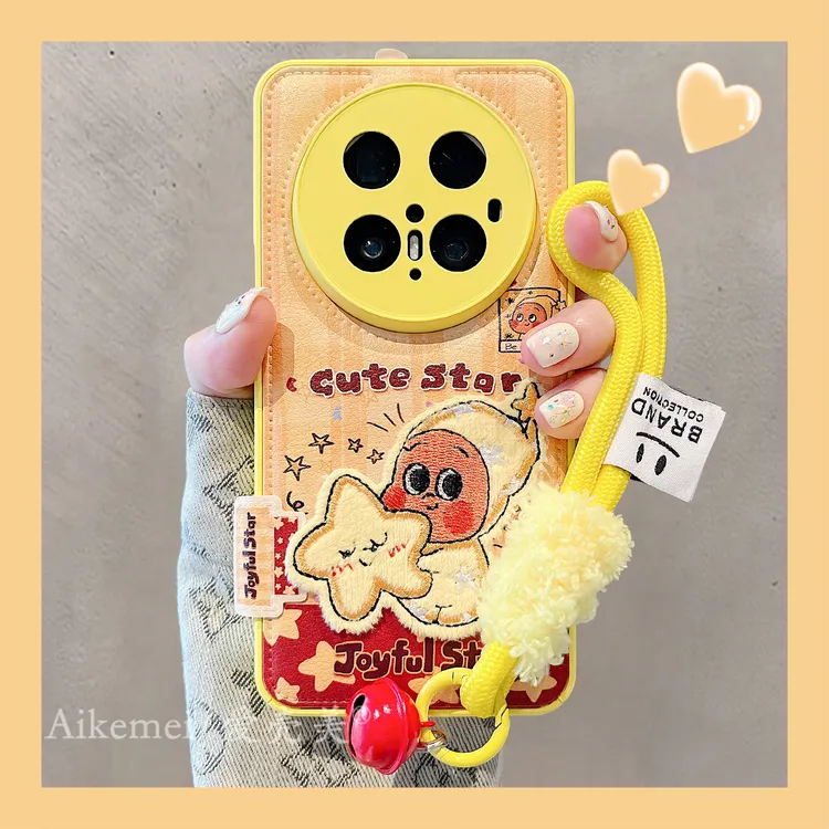 适用华为mate70pro+手机壳可爱皮质Mate60pro+刺绣卡通人铃铛手绳
