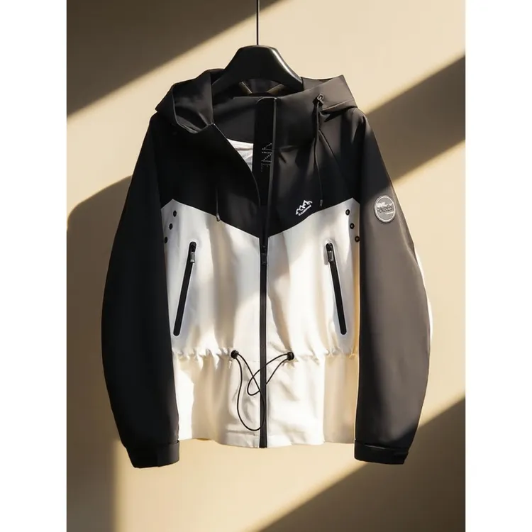 韩国抽绳收腰连帽冲锋衣女户外防风小个子宽松休闲夹克外套秋新款