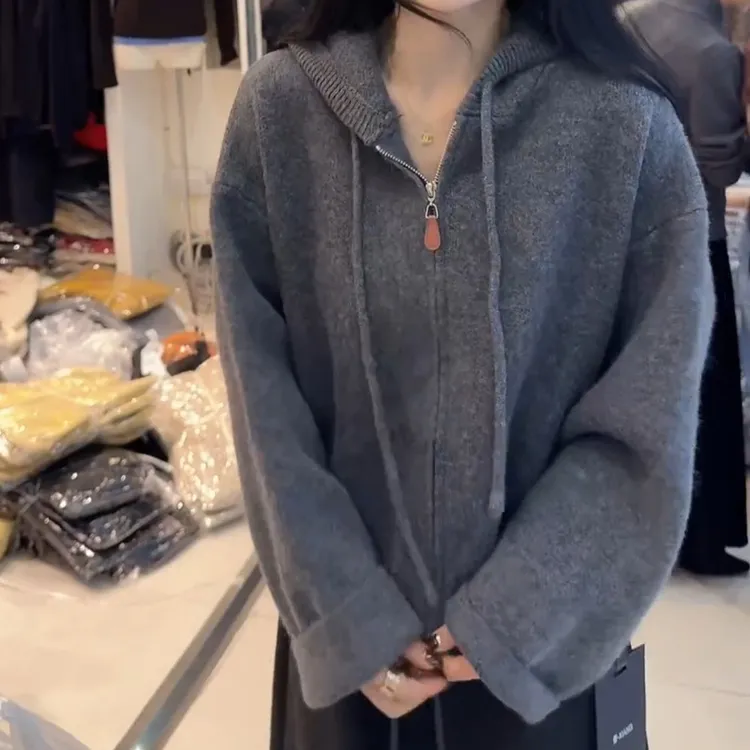 2025新款韩系百搭拉链纯色冬季连帽秋季毛针织衫上衣LK2506902