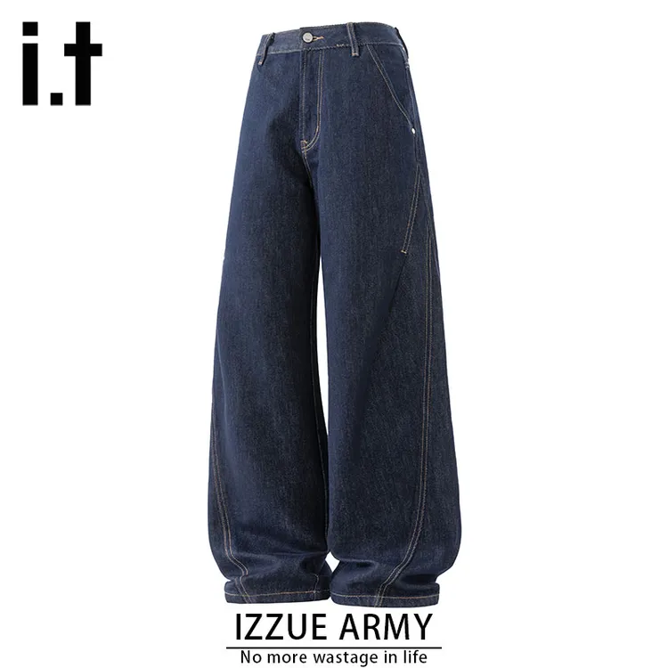 izzue秋季丹宁蓝宽松弯刀裤男clean fit美式高街阔腿牛仔裤拼接