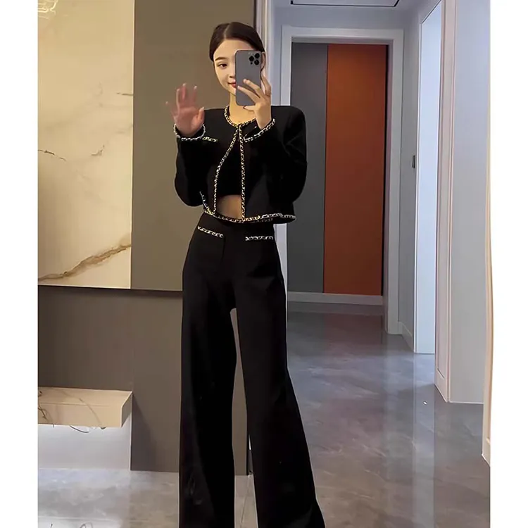 【两件套】设计感链条套装短外套高腰阔腿长裤两件套QJ0029