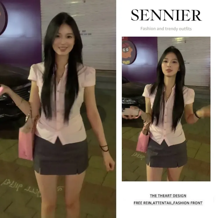 今年流行穿搭一整套2025新款韩系掐腰气质短袖衬衫显瘦短裙两件套