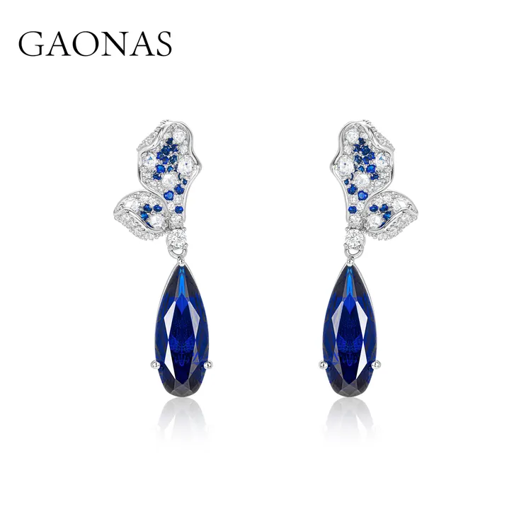 GAONAS 925银合成锆石耳饰 时尚设计美蓝色花朵水滴耳环 BE042966