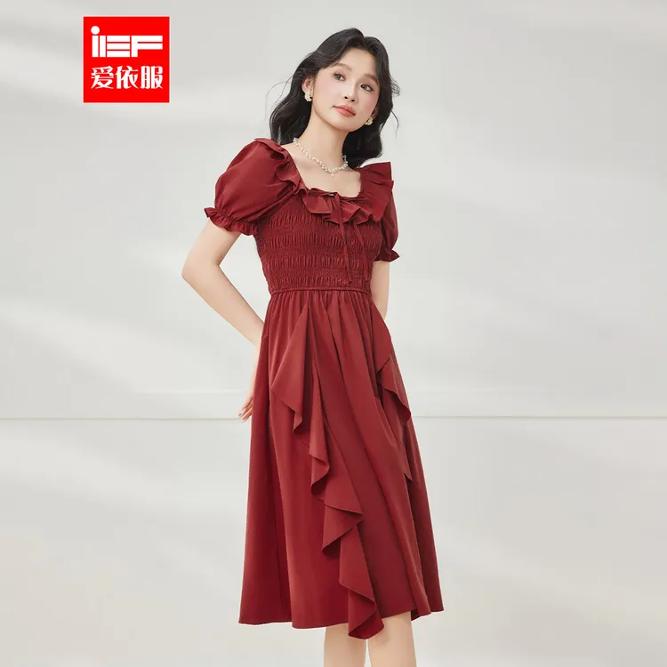 IEF/爱依服裙子2025夏季新款法式浪漫淑女气质荷叶边设计连衣长裙