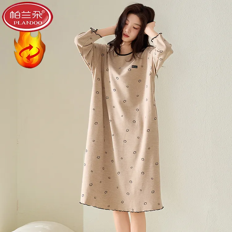 帕兰朵德绒圆领套头长袖睡裙柔软保暖休闲秋冬季女士睡衣简洁居家