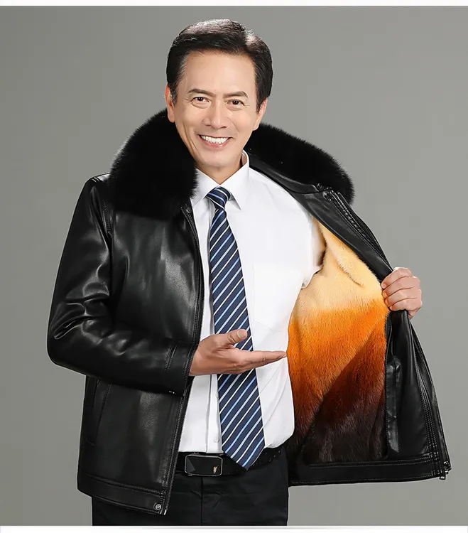 中老年皮衣可拆卸狐狸毛领兔皮毛内胆