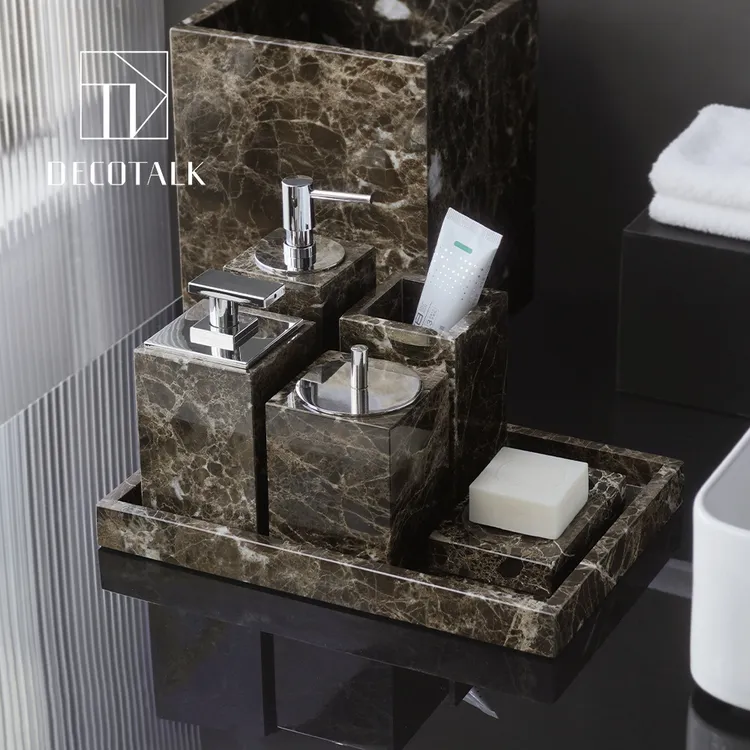 深啡天然大理石卫浴套件轻奢新中式浴室用品香薰托盘摆件纸巾盒