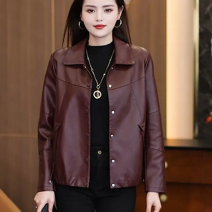 海宁短款2025年春秋季皮衣外套女新款显瘦小个子百搭洋气宽松上衣