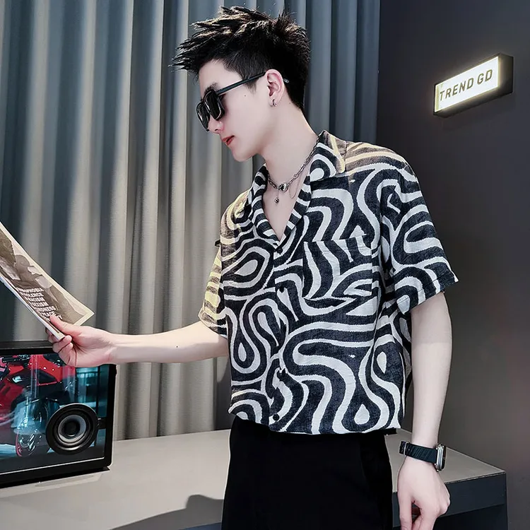 花衬衫男士夏季款高级感痞帅修身短袖寸衣潮流男装休闲半袖上衣服