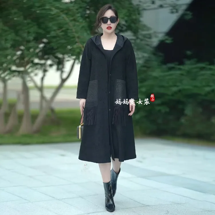 秋冬复古大码新中式国风长款连帽风衣高级感气质过膝色织大衣外套
