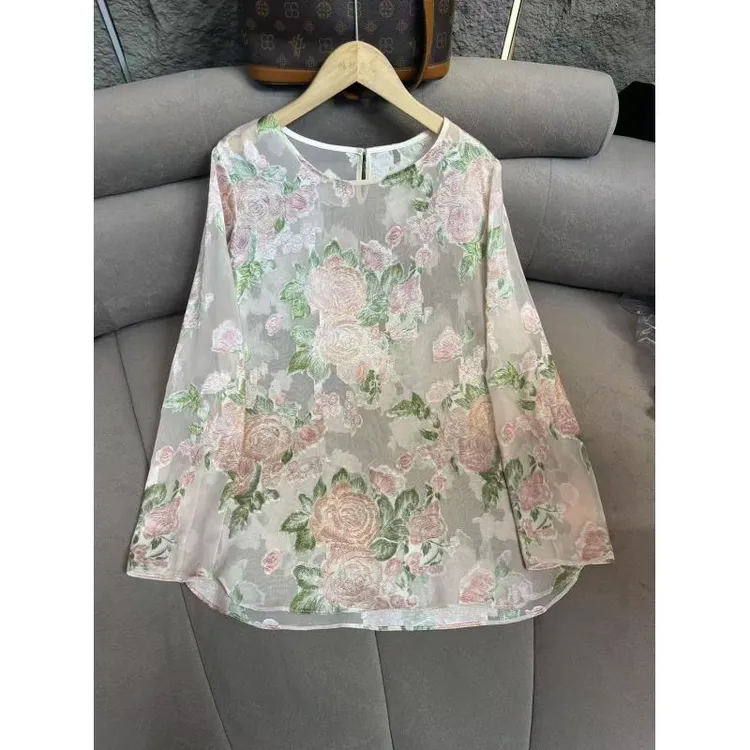 【精选】夏季蕾丝显瘦时尚发誓提花长袖打底衬衫律动莫兰迪8228-1