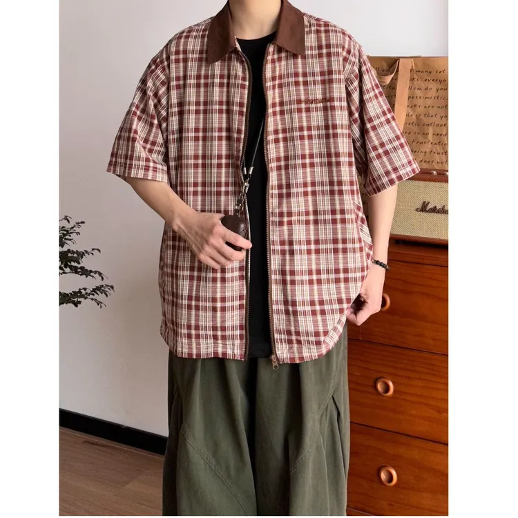2025日系男装复古格子翻领拼接拉链短袖衬衫夏季宽松百搭半袖衬衣