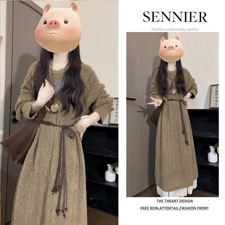 秋季温柔系穿搭女2025新款韩版时尚慵懒百搭长袖宽松针织连衣裙潮