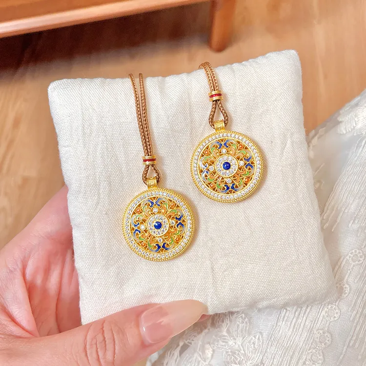 吊坠足银珐琅 「夜雪河」足银999.9描金国风新中式编绳复古罗盘女