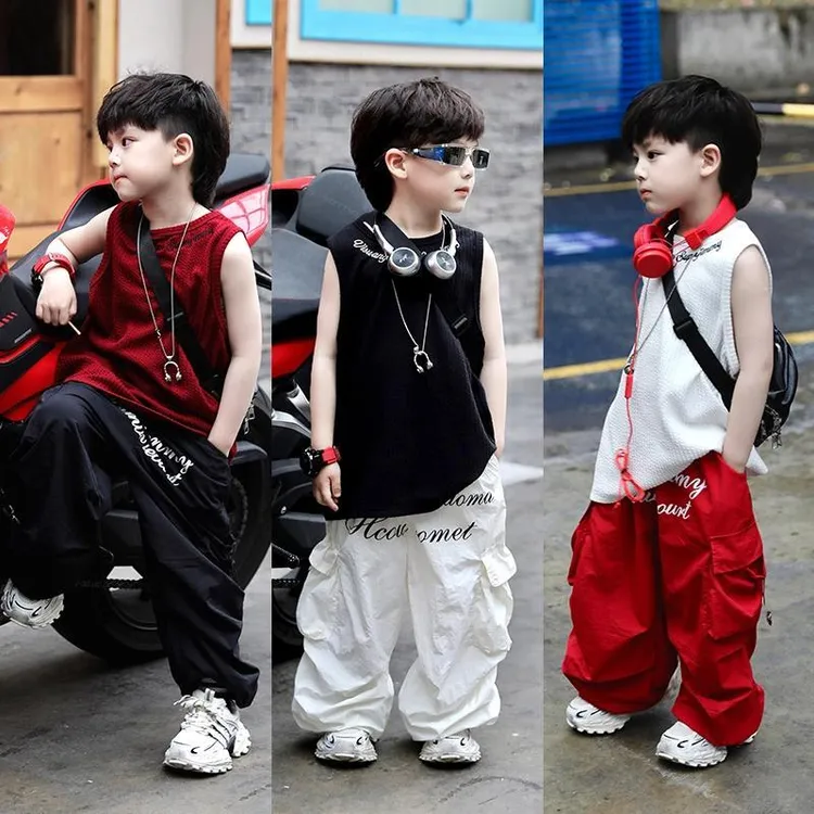 男童夏季背心套装2025新款儿童透气无袖背心时尚韩版长裤两件套WE