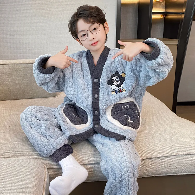 儿童珊瑚绒冬季男童睡衣新款开衫加绒加厚小男孩6-12岁家居服套装