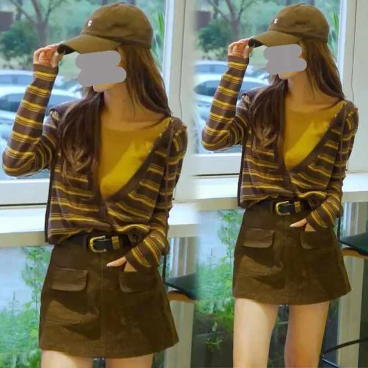 欧洲站高级感套装女2025春秋新款条纹连帽针织衫长袖半身裙两件套