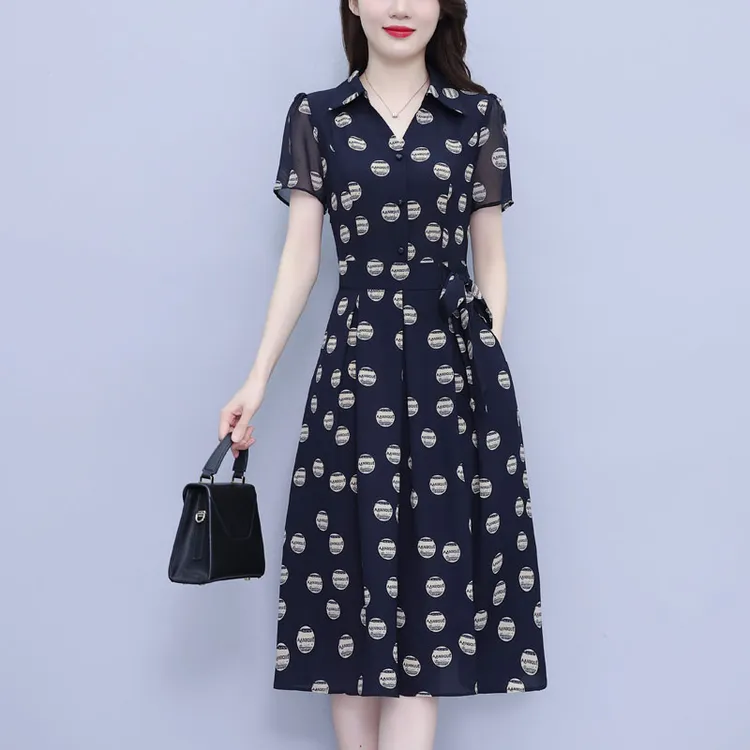 高档收腰时尚碎花连衣裙女夏季新款高端洋气质小个子妈妈印花裙子