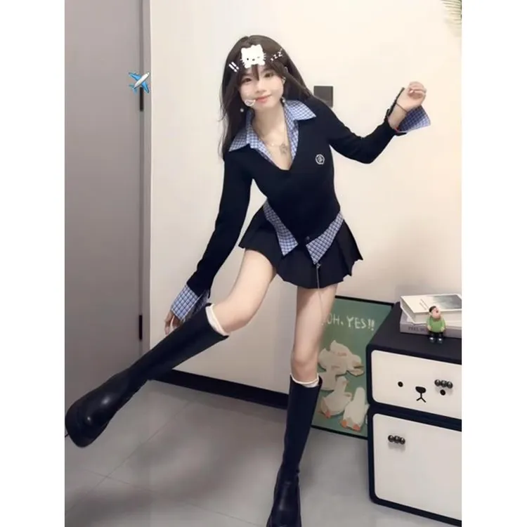 假两件格子拼接领长袖恤女春季2025新款修身辣妹内搭打底衫上衣