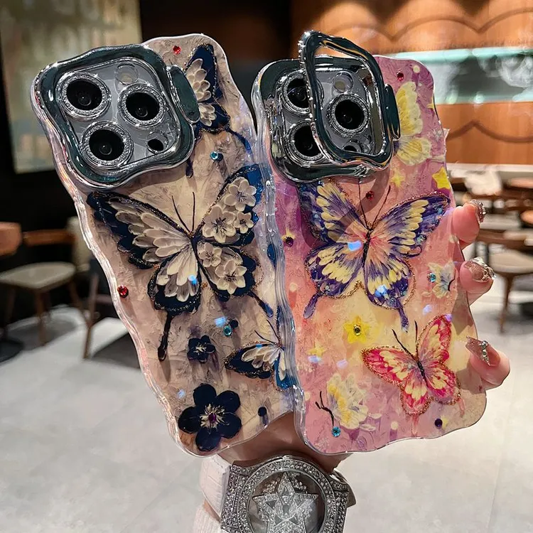 适用苹果系列iPhone16新款手机壳高级黑色蝴蝶全包闪粉镜头膜支架