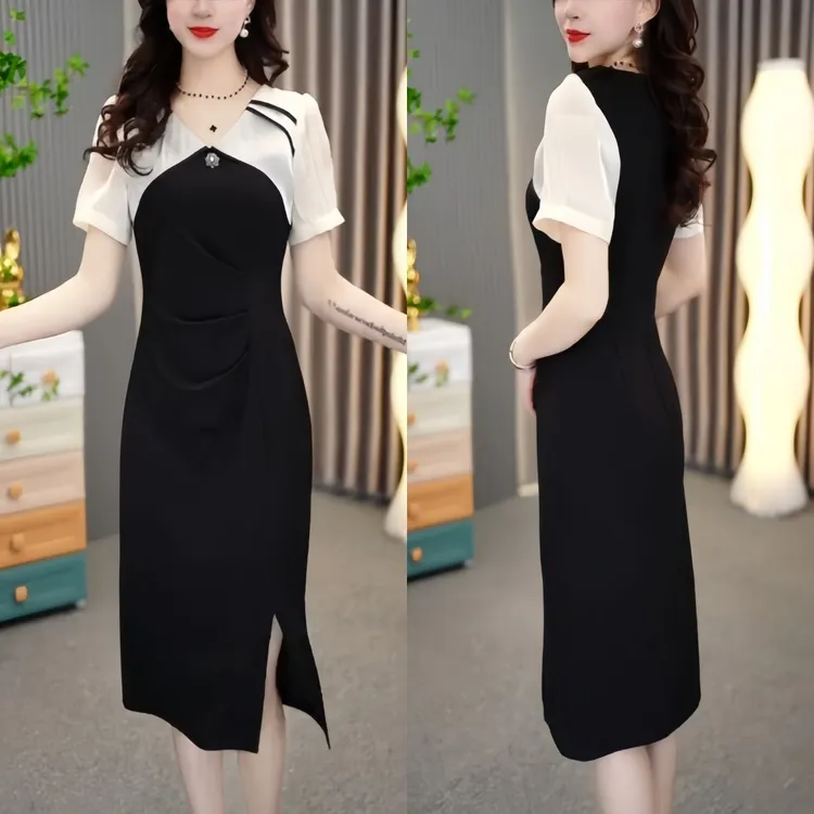 时尚法式假两件短袖连衣裙女夏季新款气质显瘦中长款休闲开衩裙子