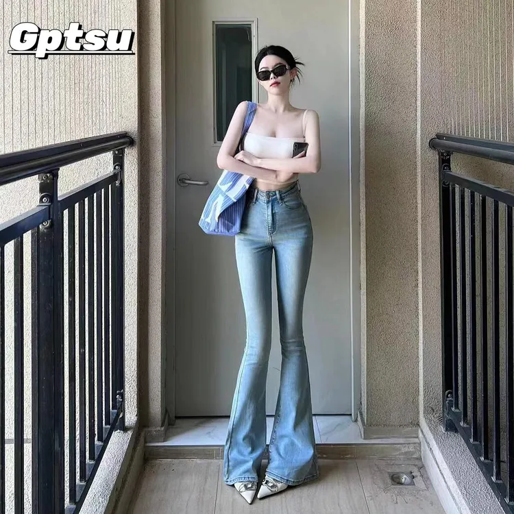 GPTSu喇叭牛仔裤女士高腰显瘦春秋新款复古浅蓝色修身显瘦微喇裤