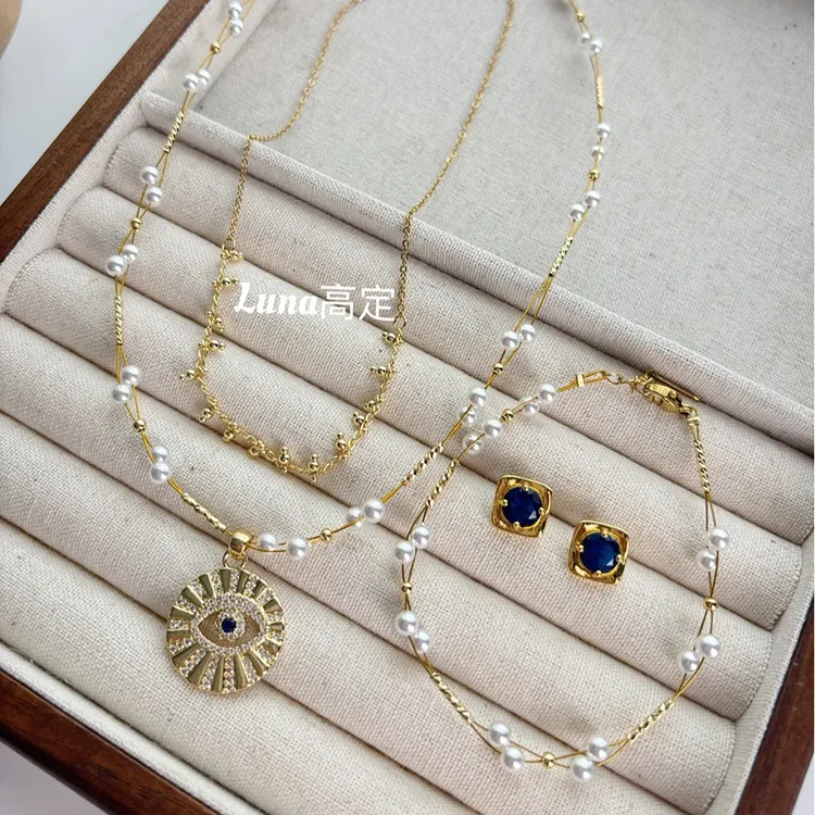 铜合金合成锆石项链 Luna定制0421眼睛串珠轻奢质感手工四件套